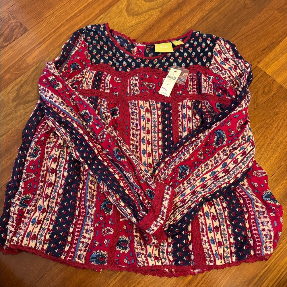 NWT Anthropologie Maeve Cranberry & Navy Top, size 8